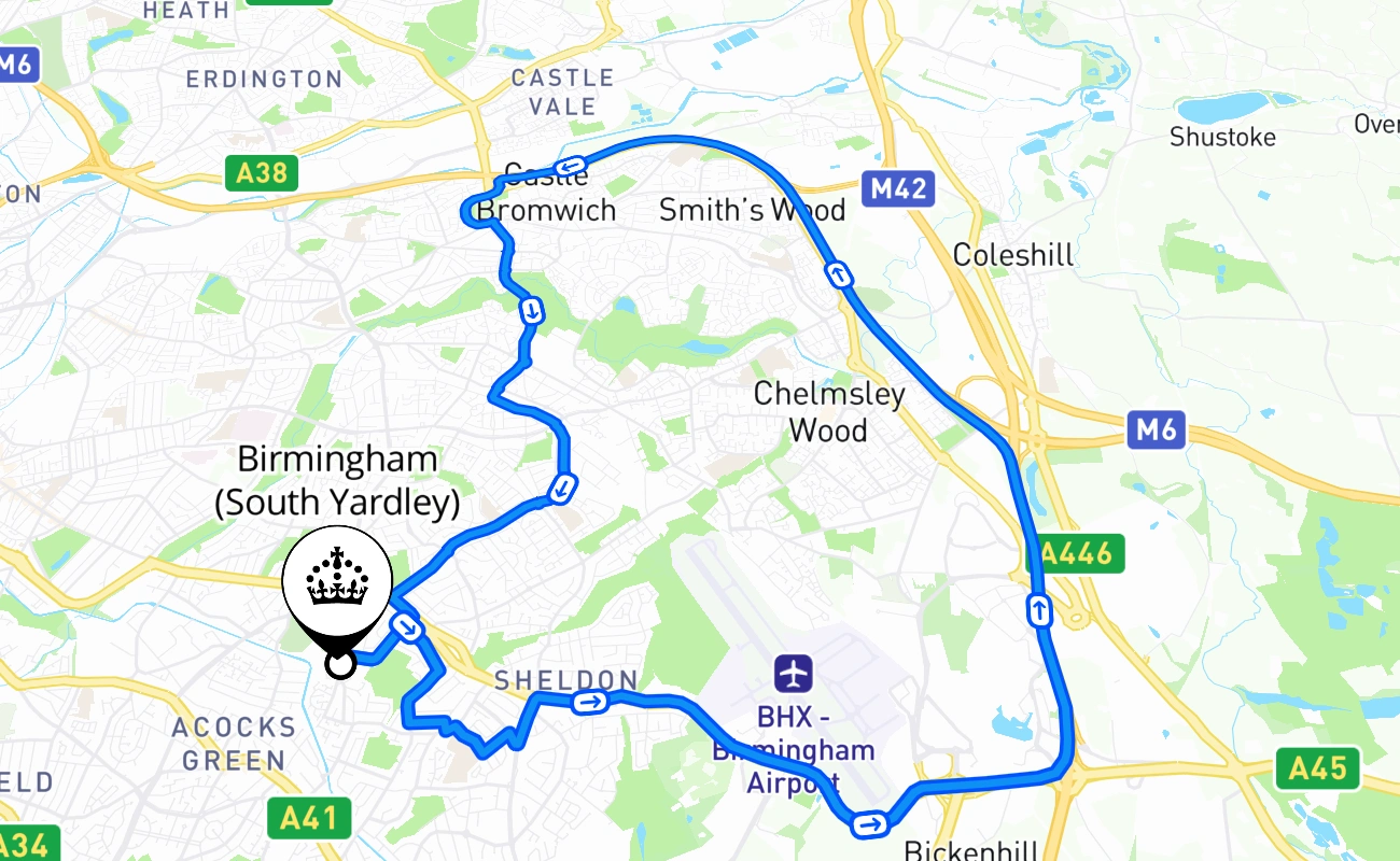 Birmingham (South Yardley) driving test route #1738 map - ENG United Kingdom