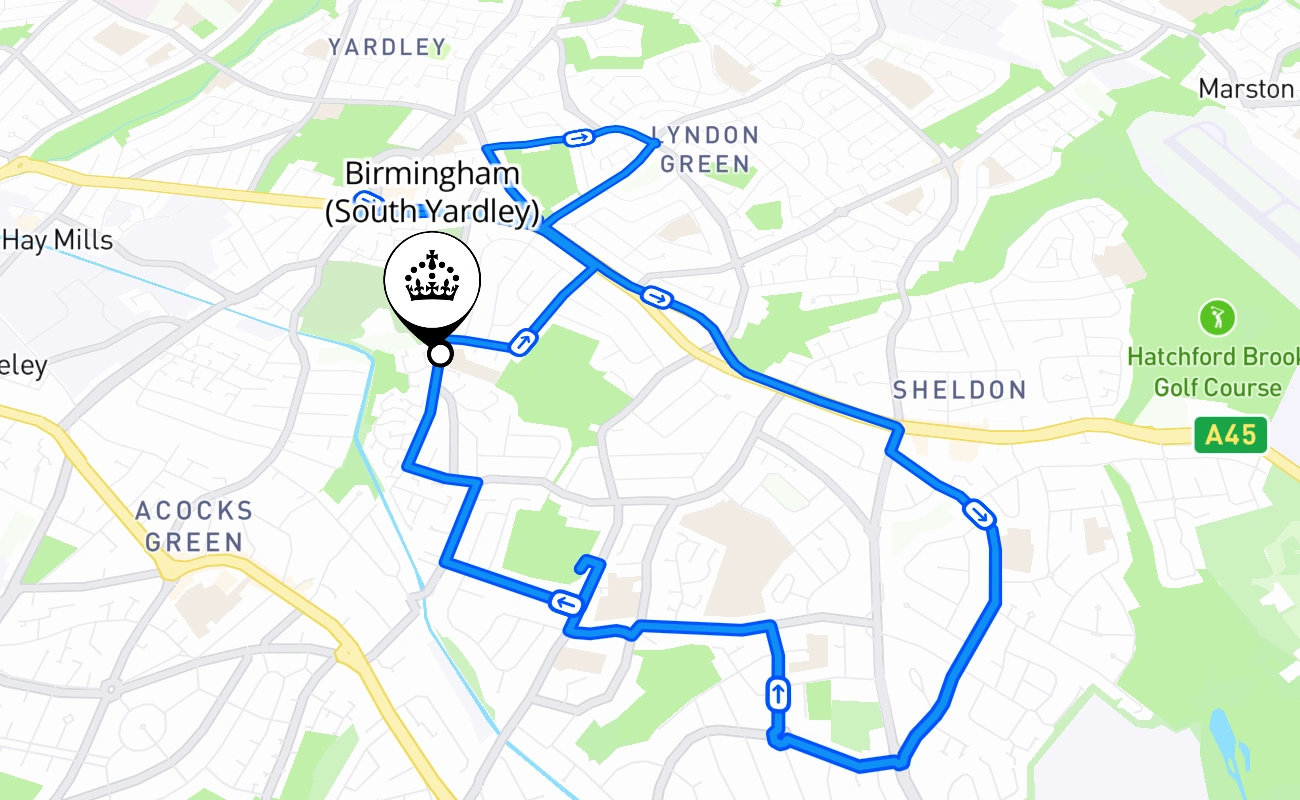 Birmingham (South Yardley) driving test route #1739 map - ENG United Kingdom