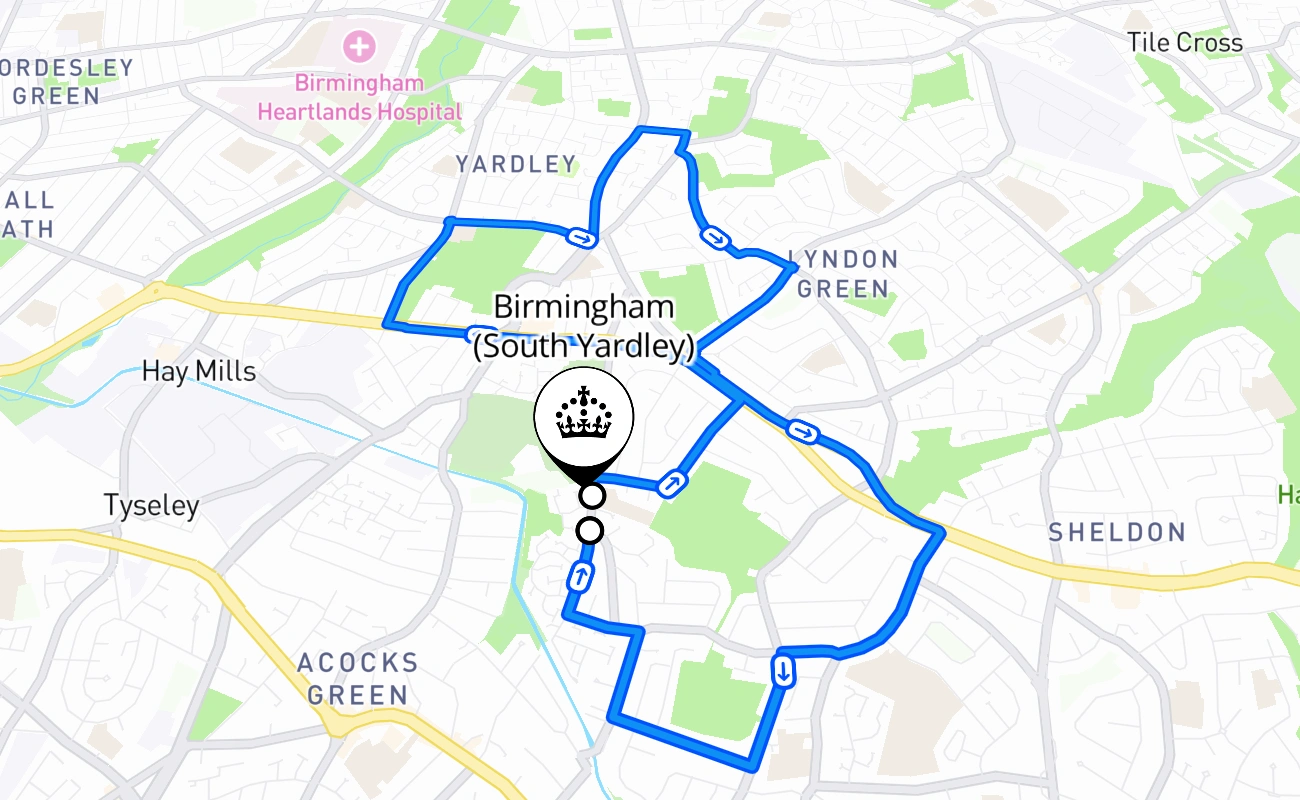 Birmingham (South Yardley) driving test route #1740 map - ENG United Kingdom