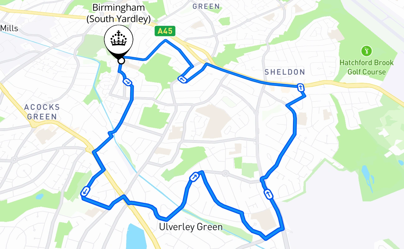 Birmingham (South Yardley) driving test route #1741 map - ENG United Kingdom