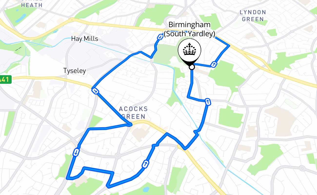 Birmingham (South Yardley) driving test route #1743 map - ENG United Kingdom