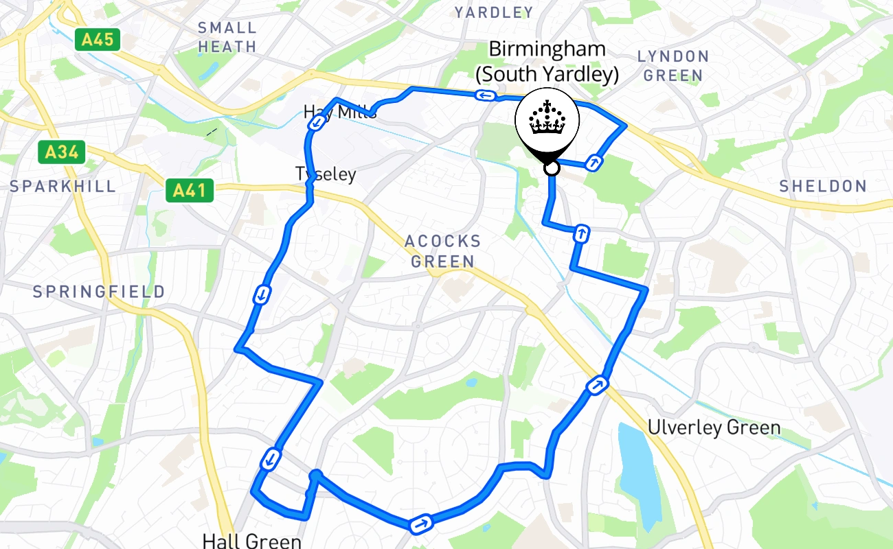 Birmingham (South Yardley) driving test route #1744 map - ENG United Kingdom