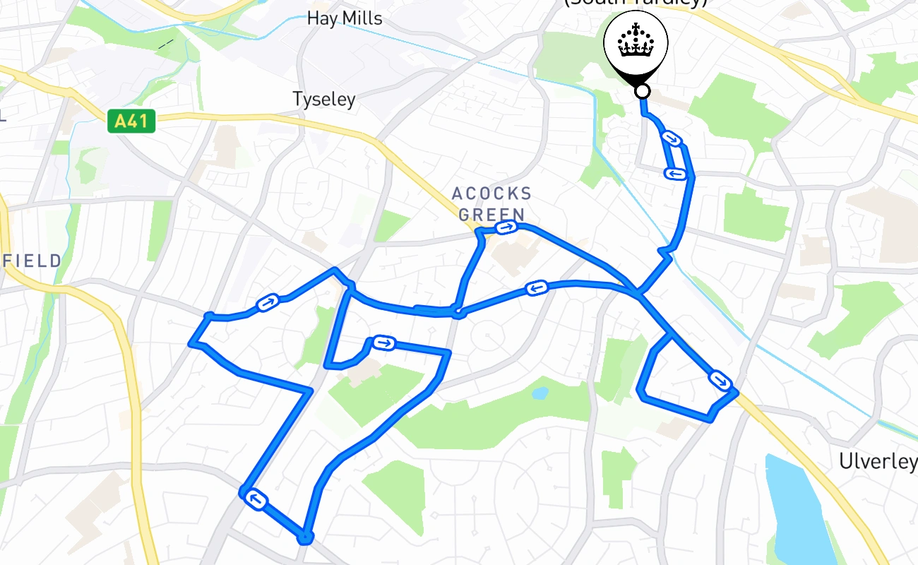 Birmingham (South Yardley) driving test route #1745 map - ENG United Kingdom