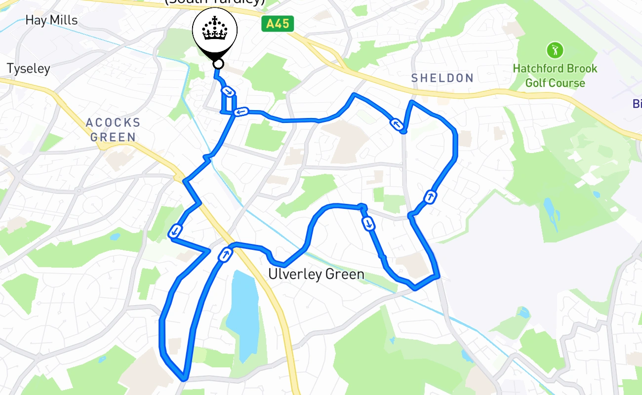Birmingham (South Yardley) driving test route #1746 map - ENG United Kingdom