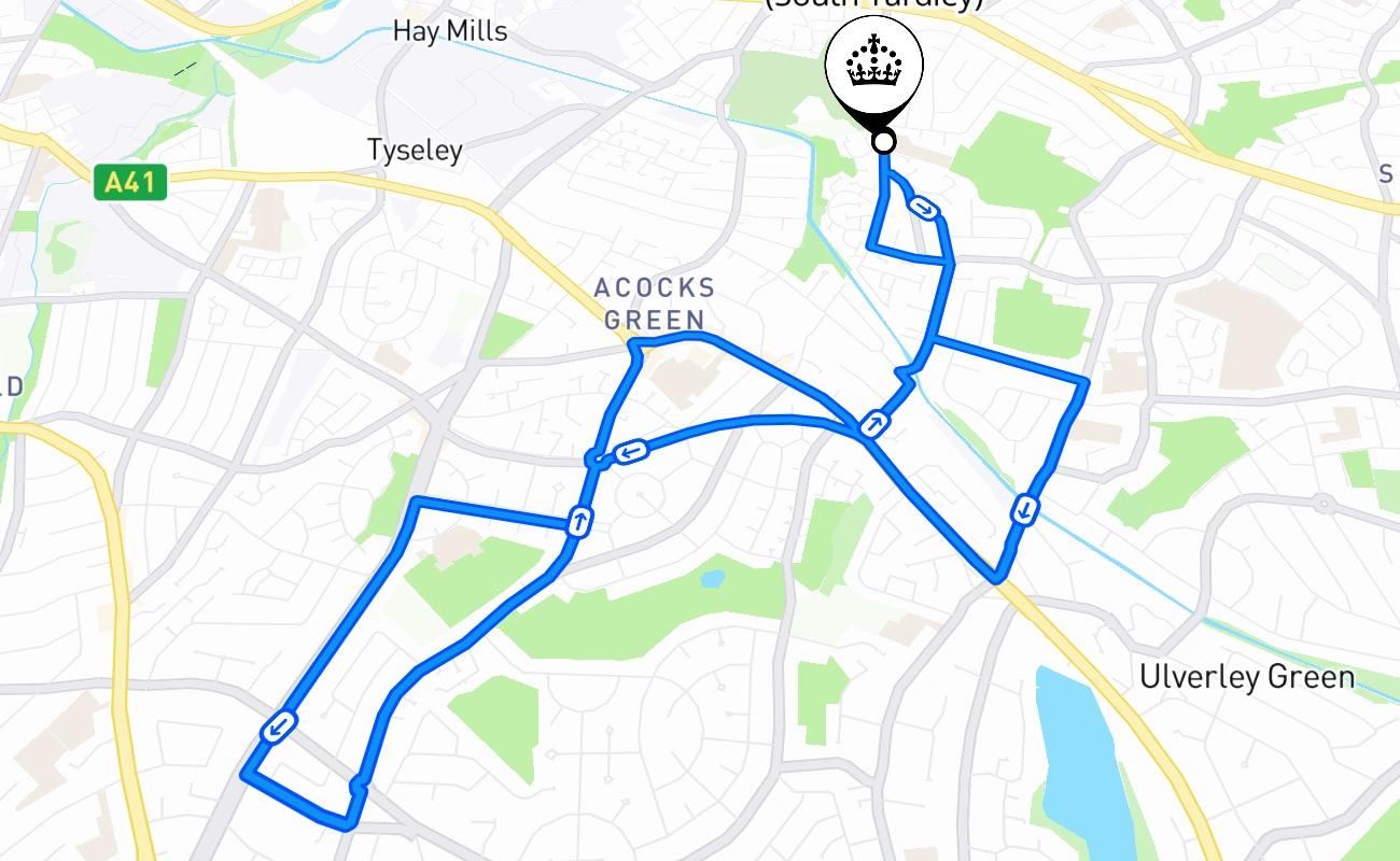 Birmingham (South Yardley) driving test route #1747 map - ENG United Kingdom