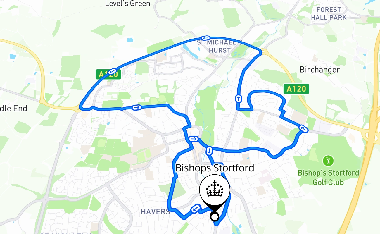 Bishops Stortford driving test route #363 map - ENG United Kingdom