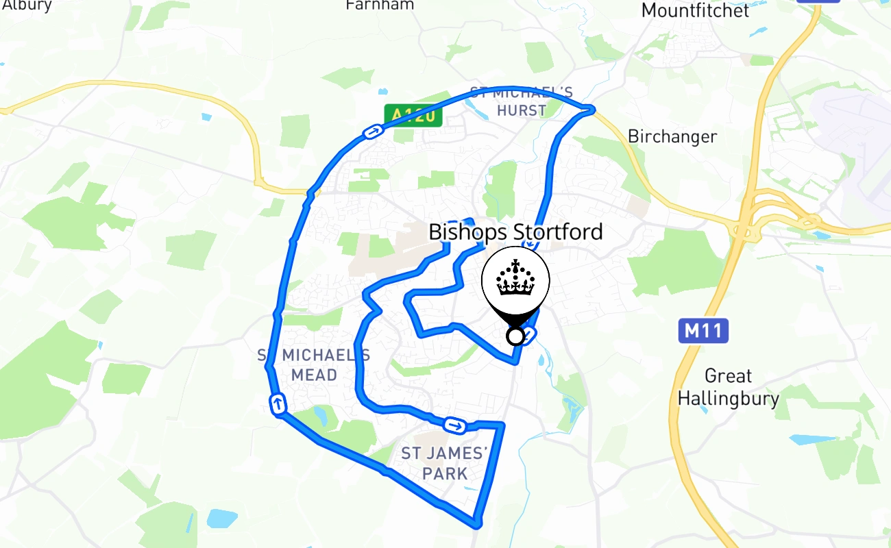 Bishops Stortford driving test route #364 map - ENG United Kingdom