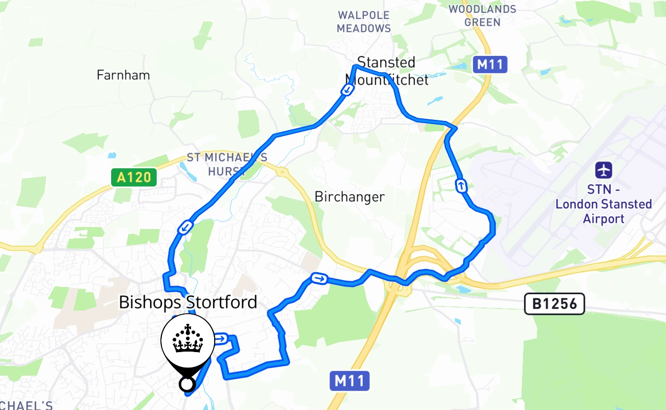 Bishops Stortford driving test route #365 map - ENG United Kingdom