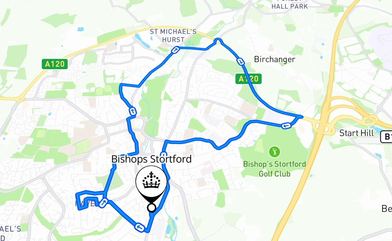 Bishops Stortford driving test route #369 map - ENG United Kingdom