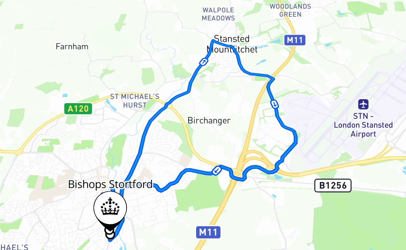 Bishops Stortford driving test route #370 map - ENG United Kingdom