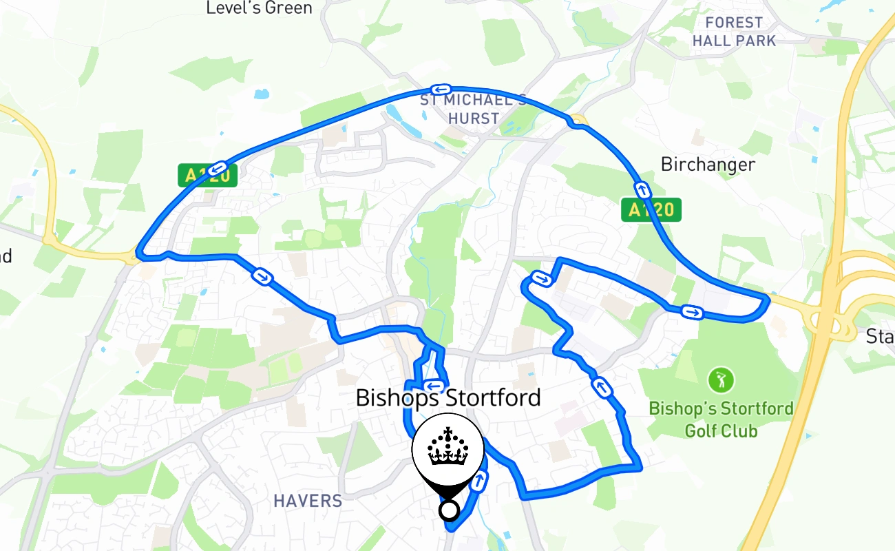Bishops Stortford driving test route #372 map - ENG United Kingdom