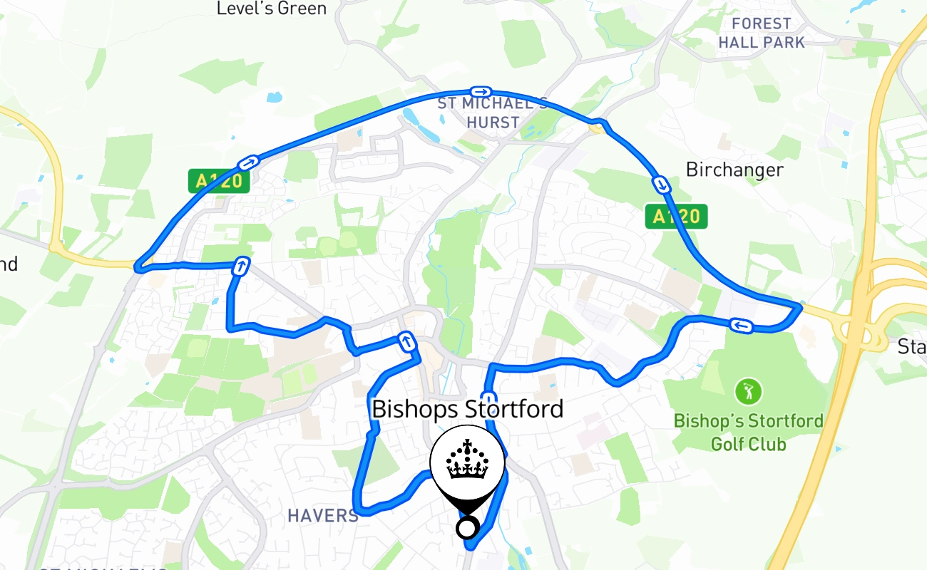Bishops Stortford driving test route #373 map - ENG United Kingdom