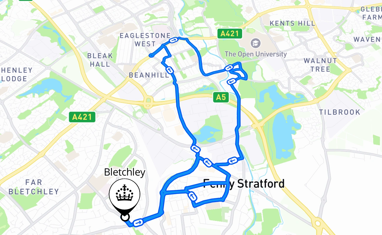 Bletchley driving test route #1413 map - ENG United Kingdom