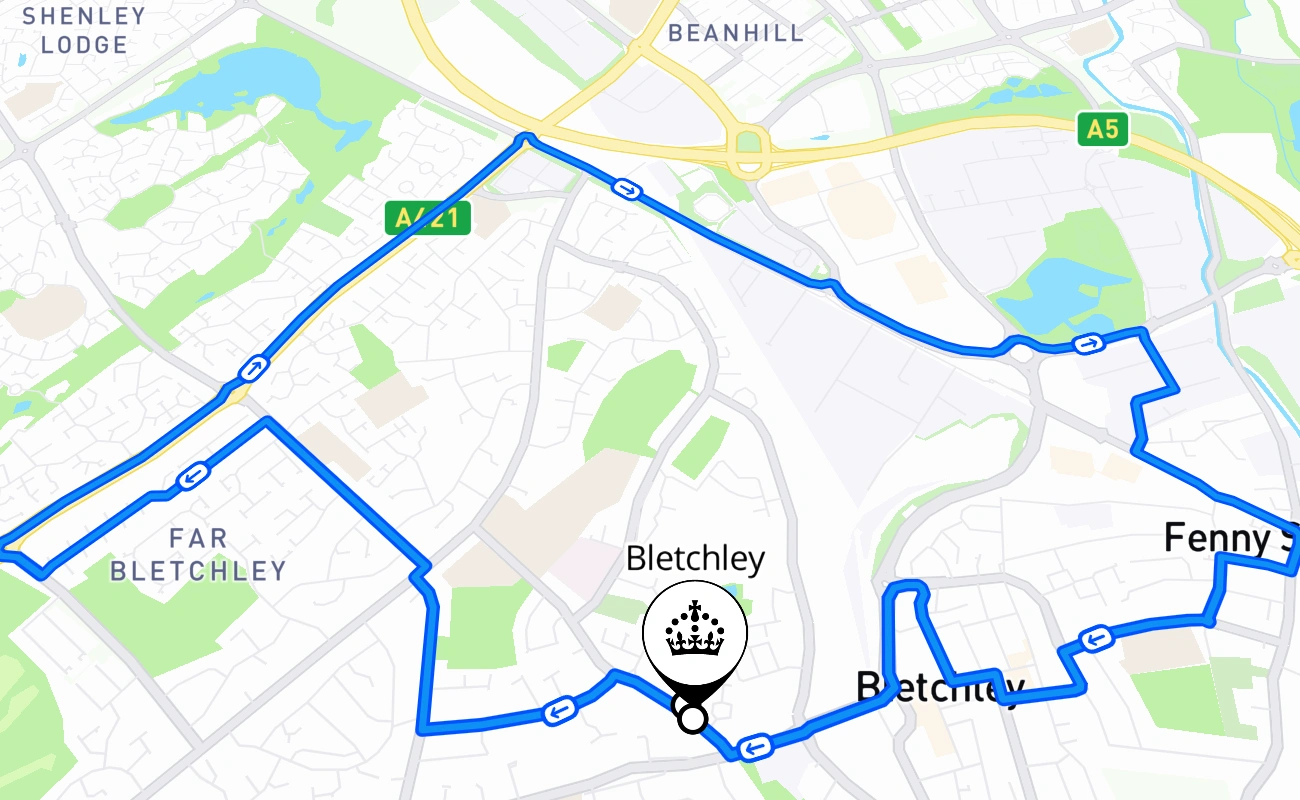 Bletchley driving test route #1416 map - ENG United Kingdom