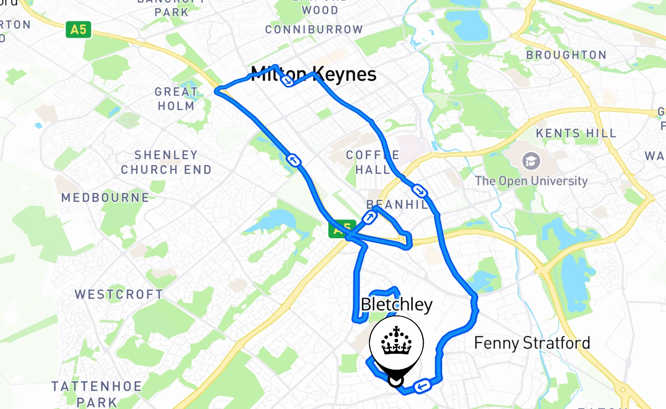 Bletchley driving test route #1419 map - ENG United Kingdom