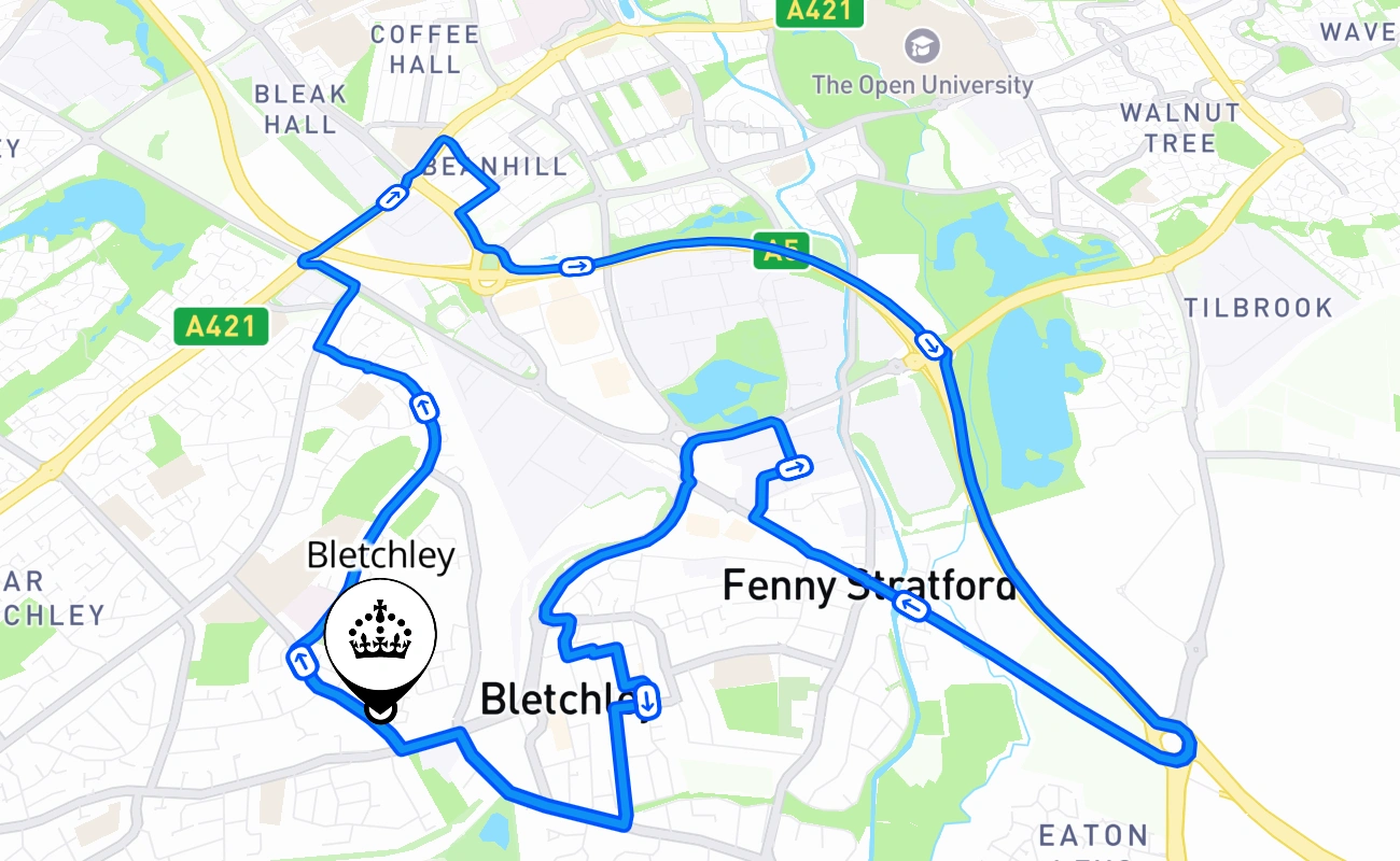 Bletchley driving test route #1420 map - ENG United Kingdom