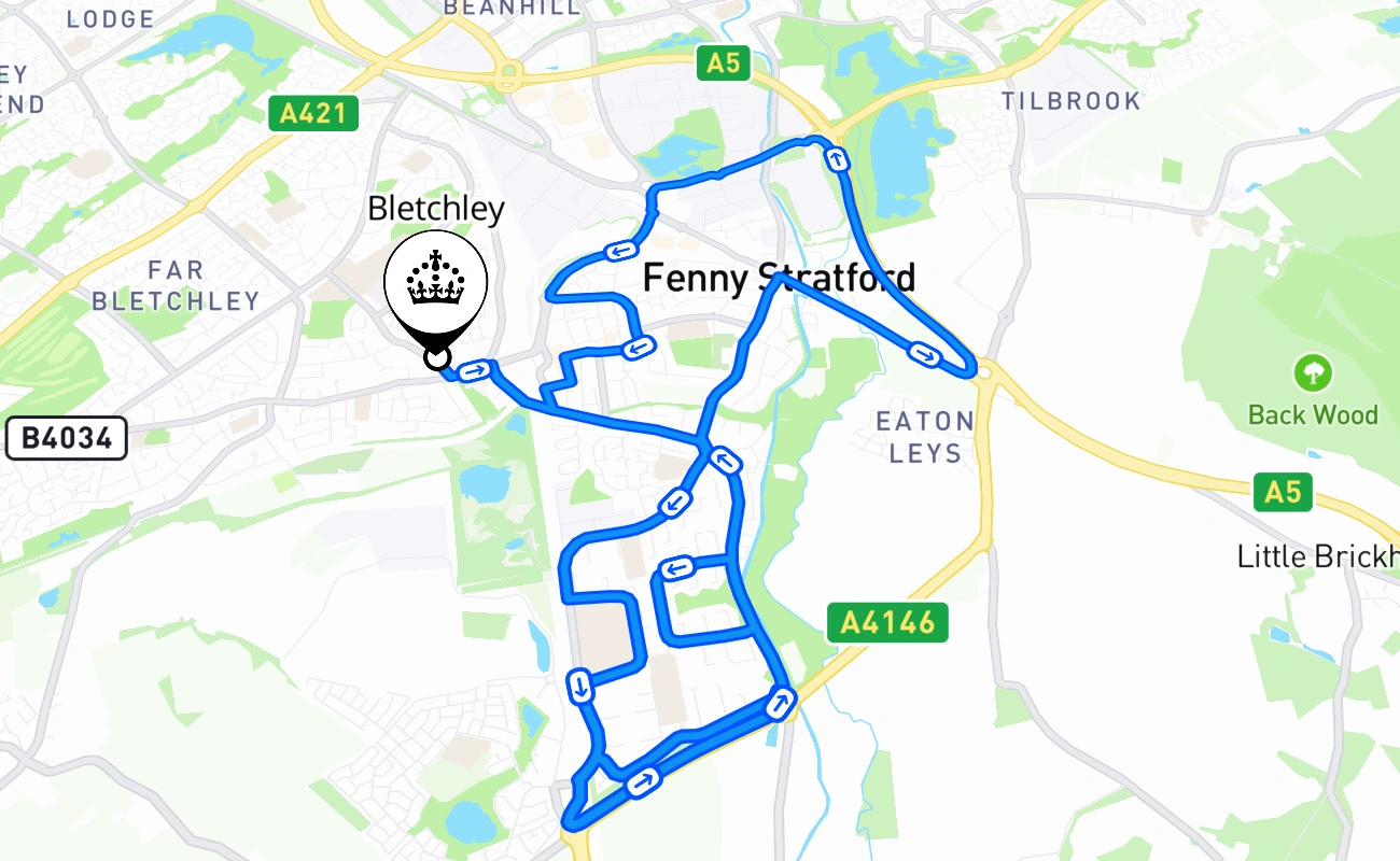 Bletchley driving test route #1421 map - ENG United Kingdom