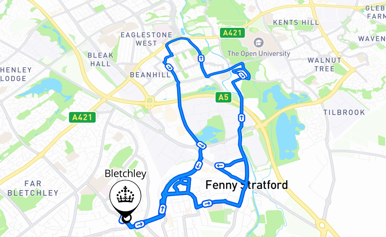 Bletchley driving test route #1422 map - ENG United Kingdom