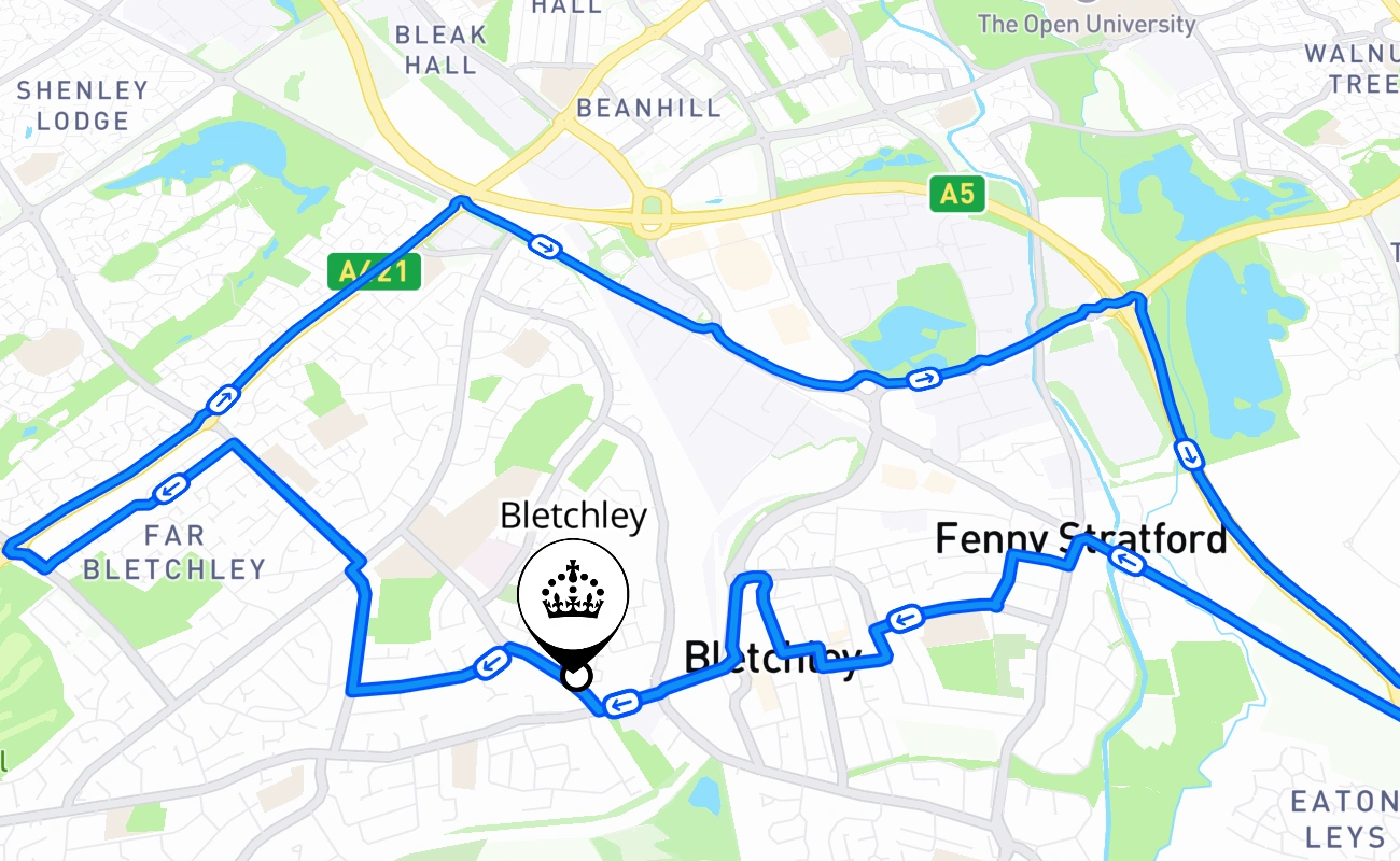 Bletchley driving test route #1423 map - ENG United Kingdom