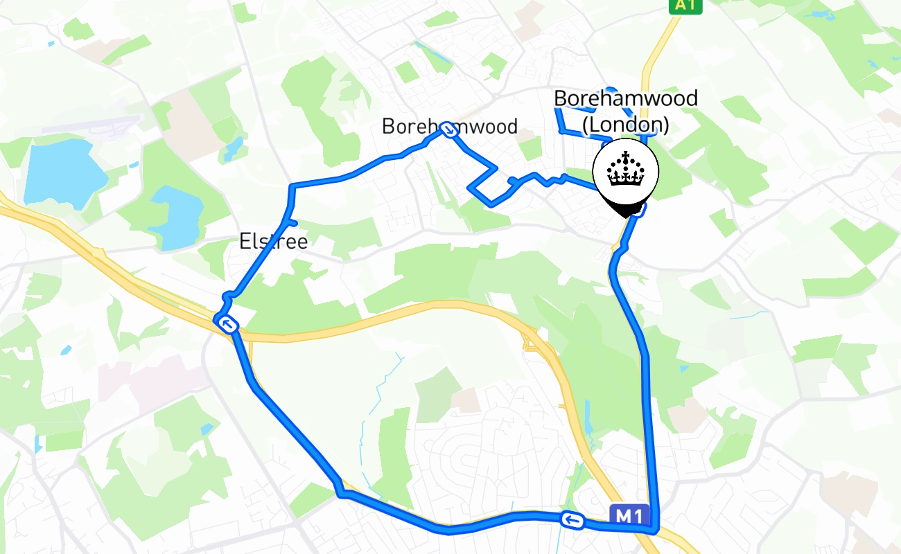 Borehamwood (London) driving test route #926 map - ENG United Kingdom