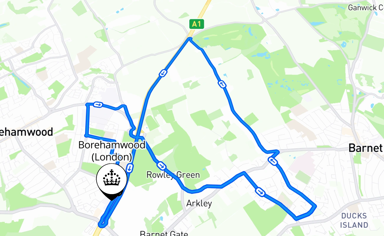 Borehamwood (London) driving test route #927 map - ENG United Kingdom