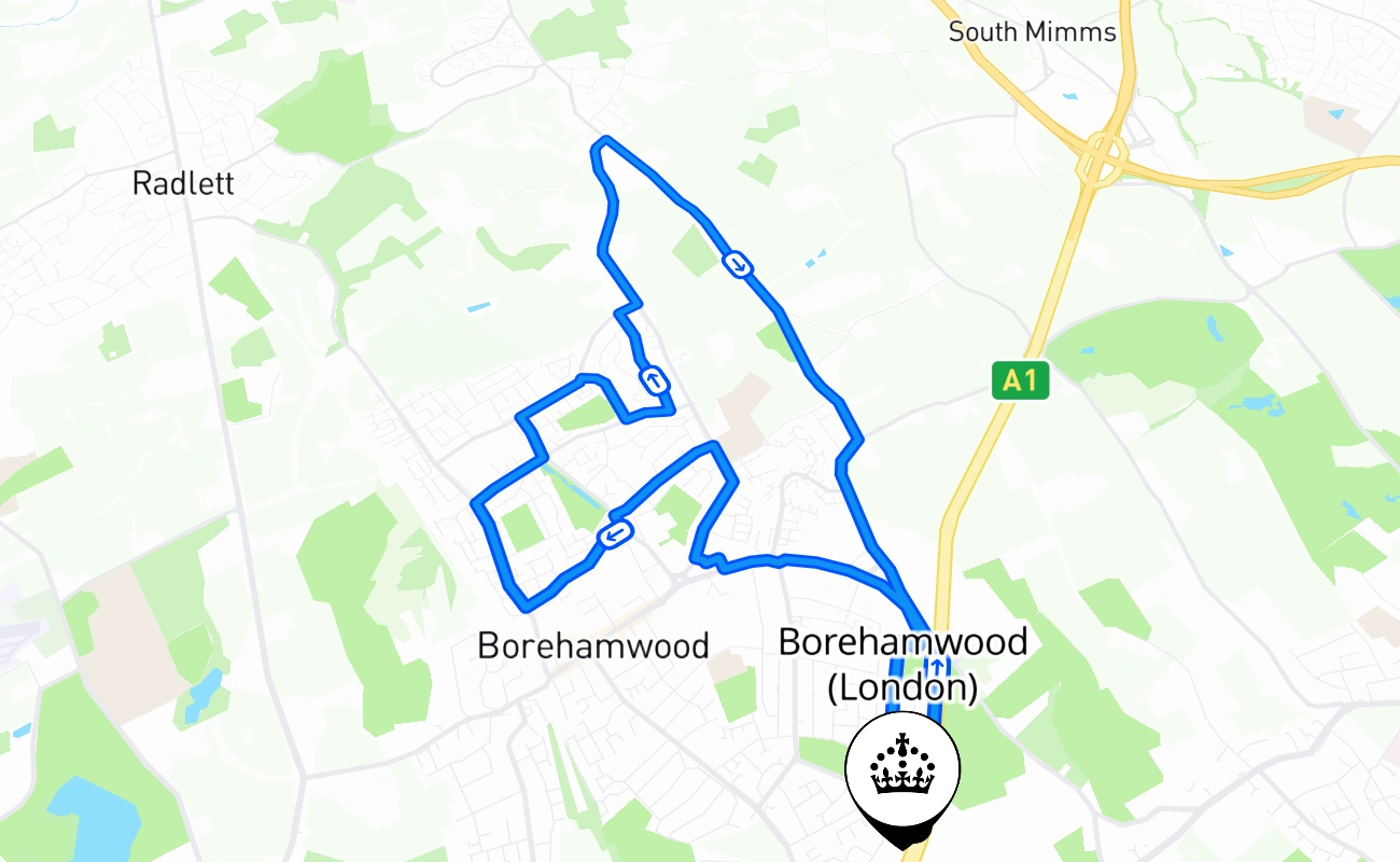 Borehamwood (London) driving test route #928 map - ENG United Kingdom