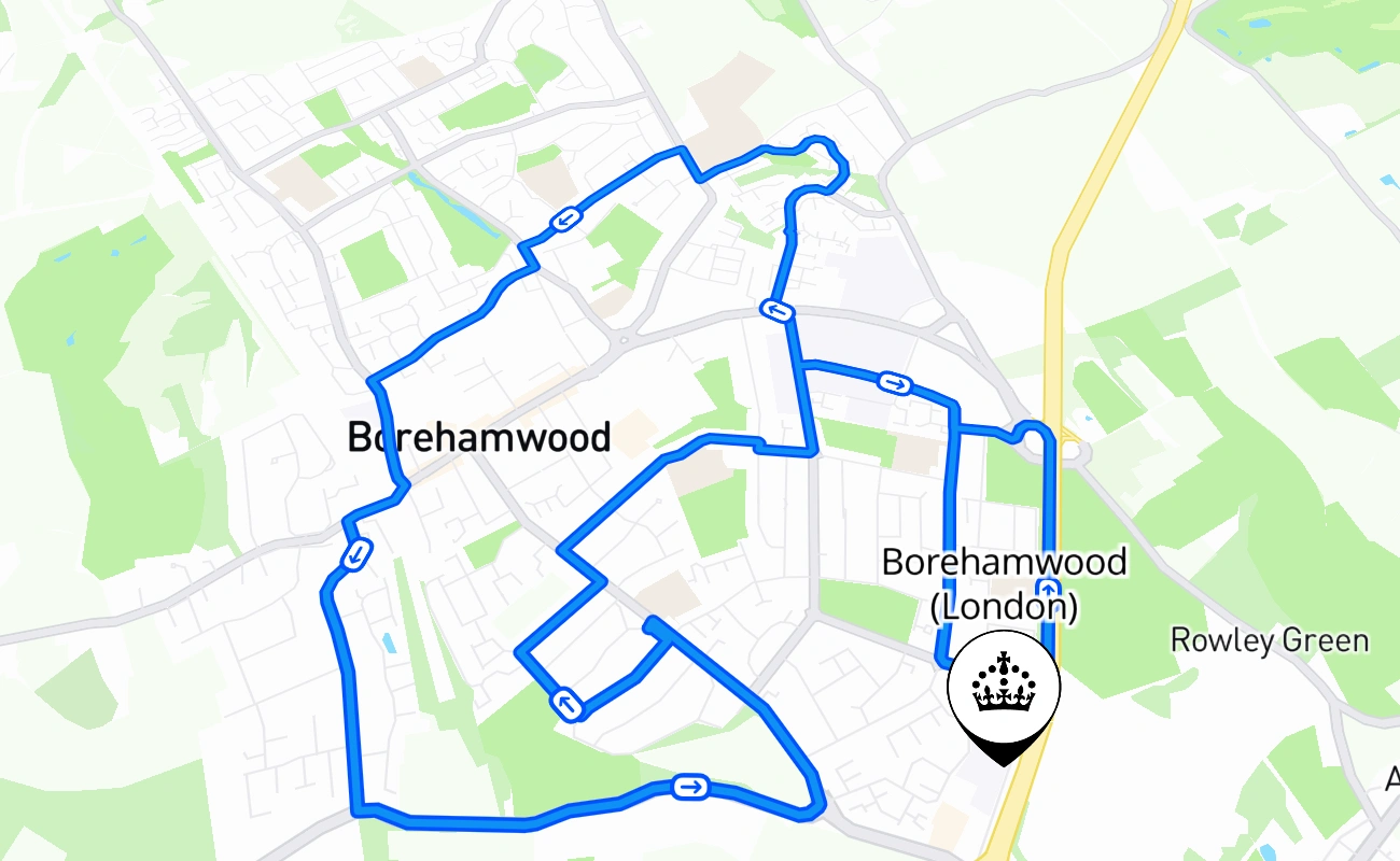 Borehamwood (London) driving test route #929 map - ENG United Kingdom