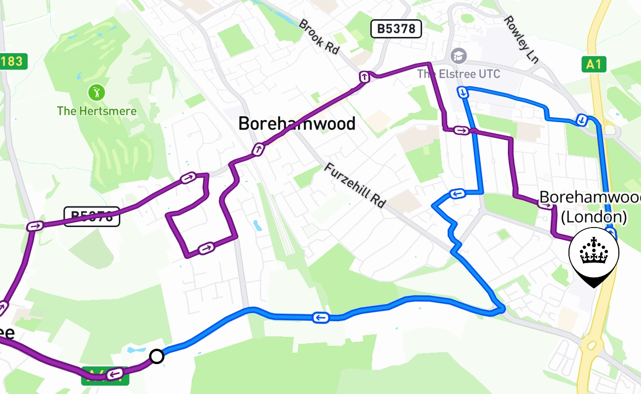 Borehamwood (London) driving test route #930 map - ENG United Kingdom