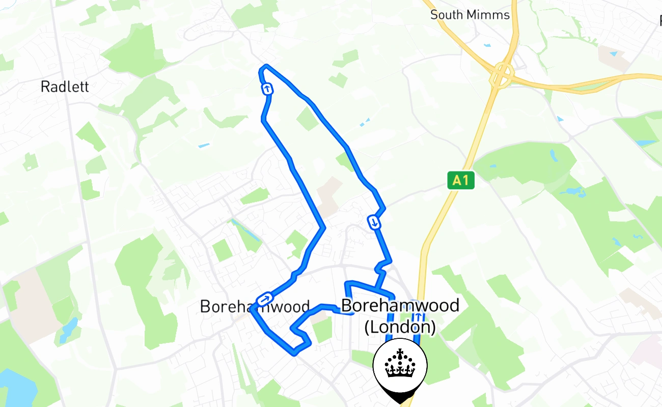 Borehamwood (London) driving test route #932 map - ENG United Kingdom