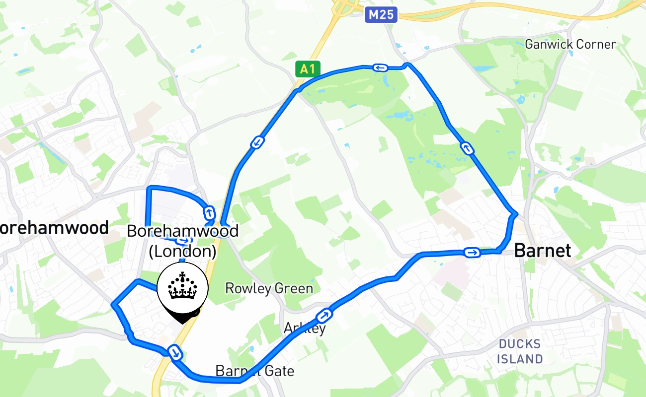 Borehamwood (London) driving test route #934 map - ENG United Kingdom