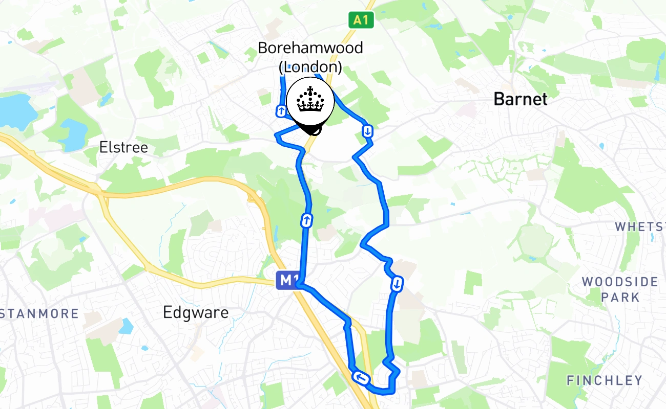 Borehamwood (London) driving test route #935 map - ENG United Kingdom