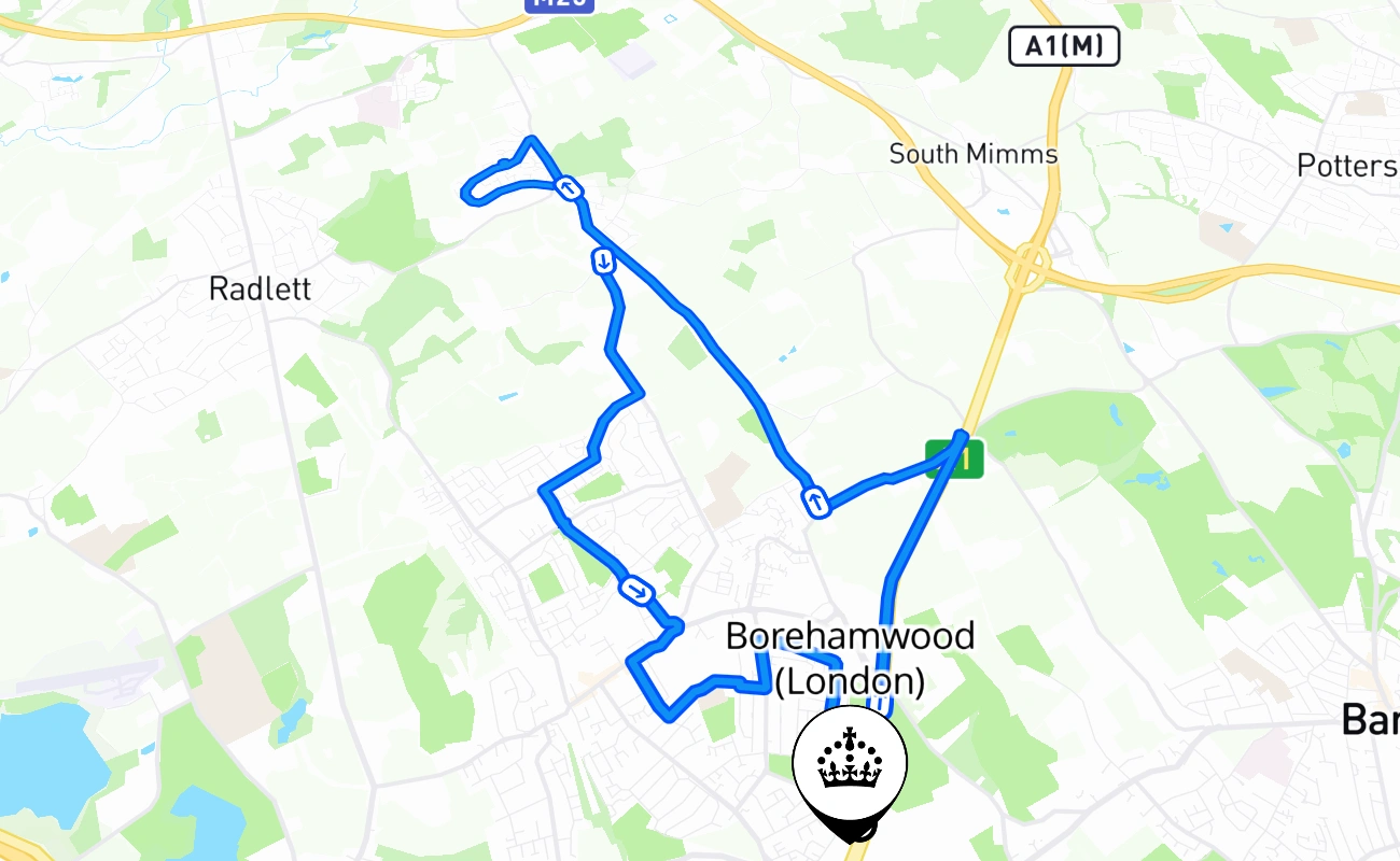 Borehamwood (London) driving test route #936 map - ENG United Kingdom