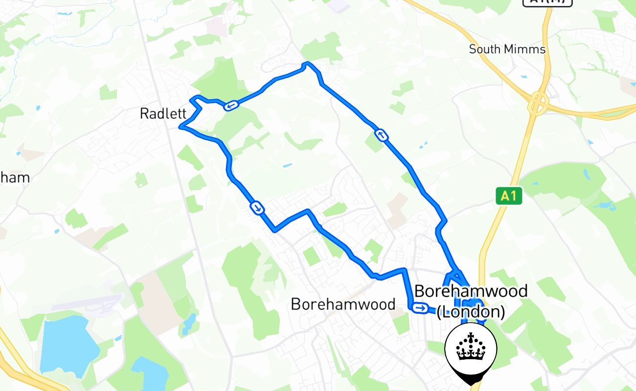 Borehamwood (London) driving test route #937 map - ENG United Kingdom