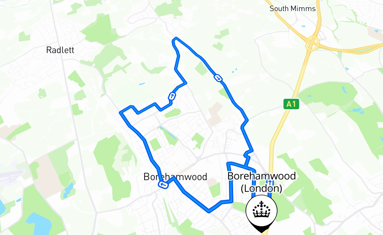 Borehamwood (London) driving test route #938 map - ENG United Kingdom