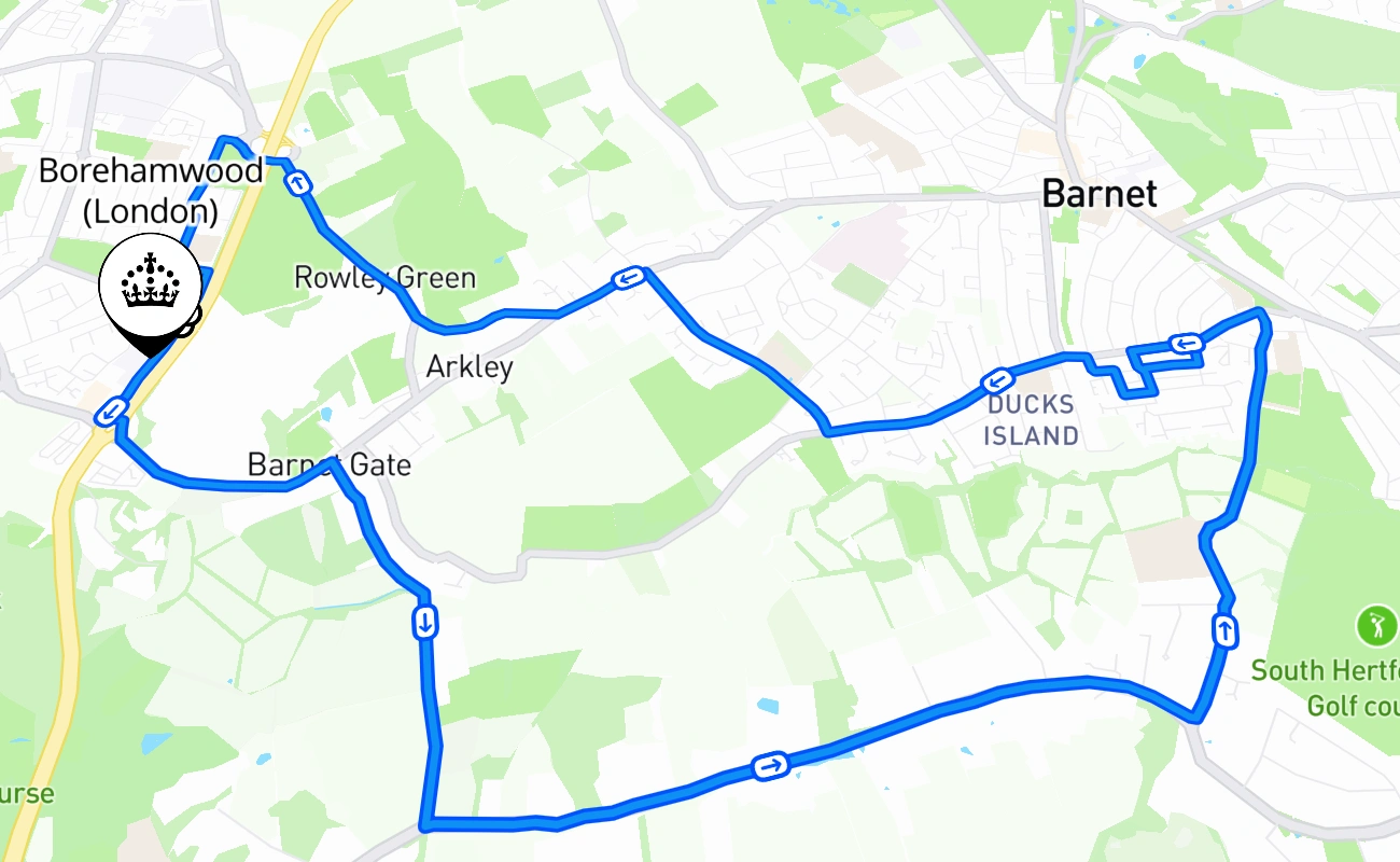 Borehamwood (London) driving test route #939 map - ENG United Kingdom