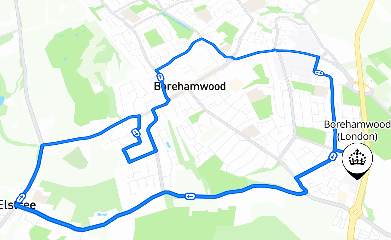 Borehamwood (London) driving test route #940 map - ENG United Kingdom