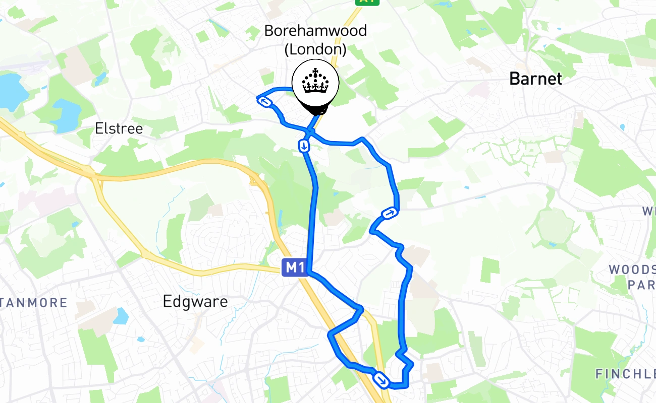 Borehamwood (London) driving test route #941 map - ENG United Kingdom