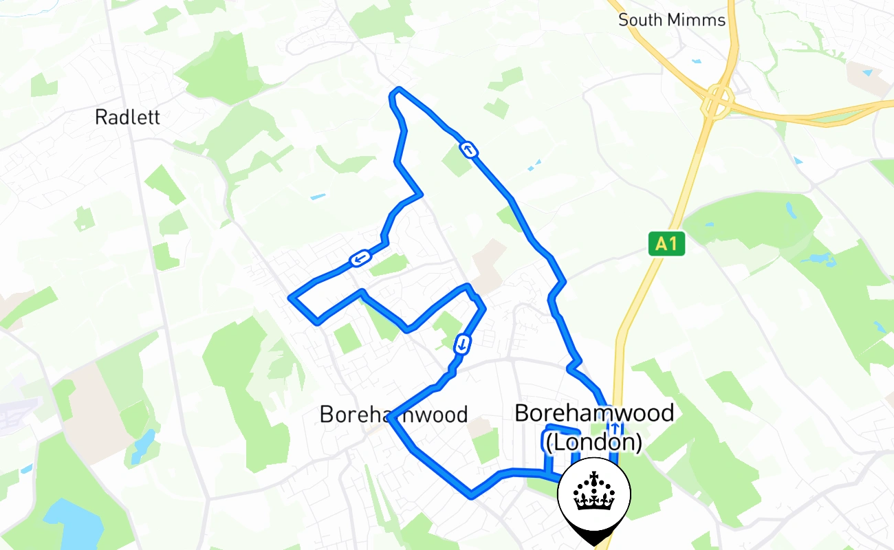 Borehamwood (London) driving test route #942 map - ENG United Kingdom