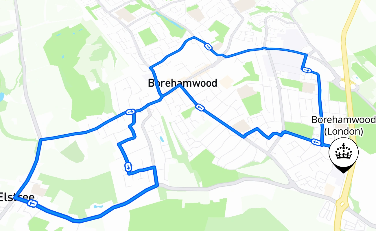 Borehamwood (London) driving test route #943 map - ENG United Kingdom