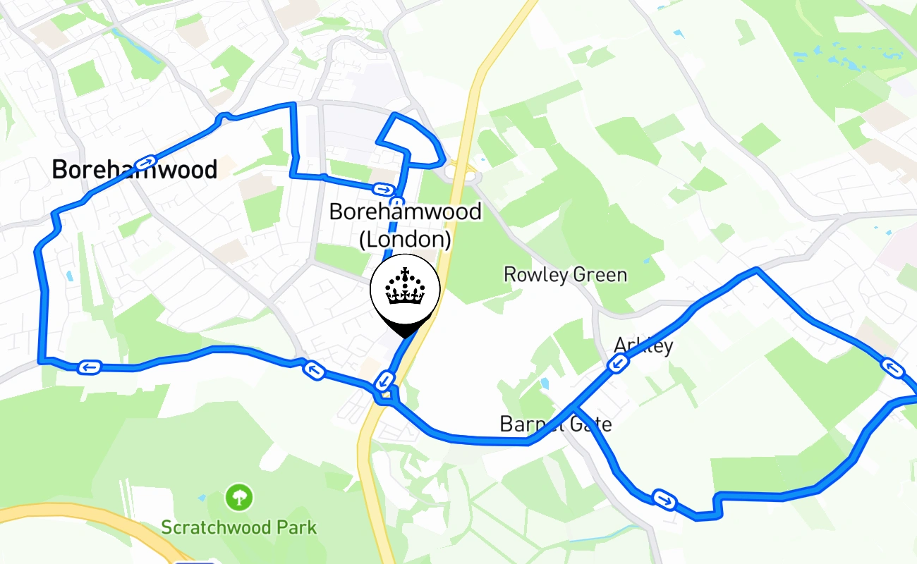 Borehamwood (London) driving test route #944 map - ENG United Kingdom