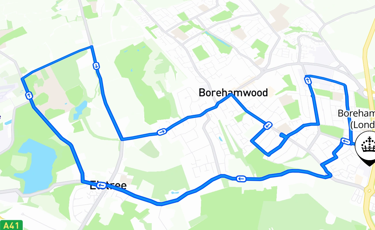 Borehamwood (London) driving test route #945 map - ENG United Kingdom