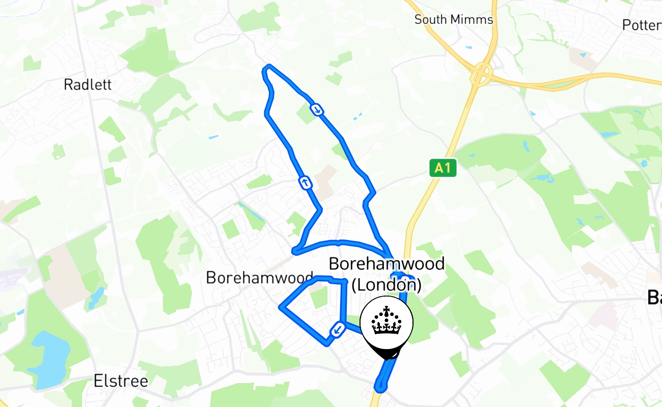 Borehamwood (London) driving test route #947 map - ENG United Kingdom