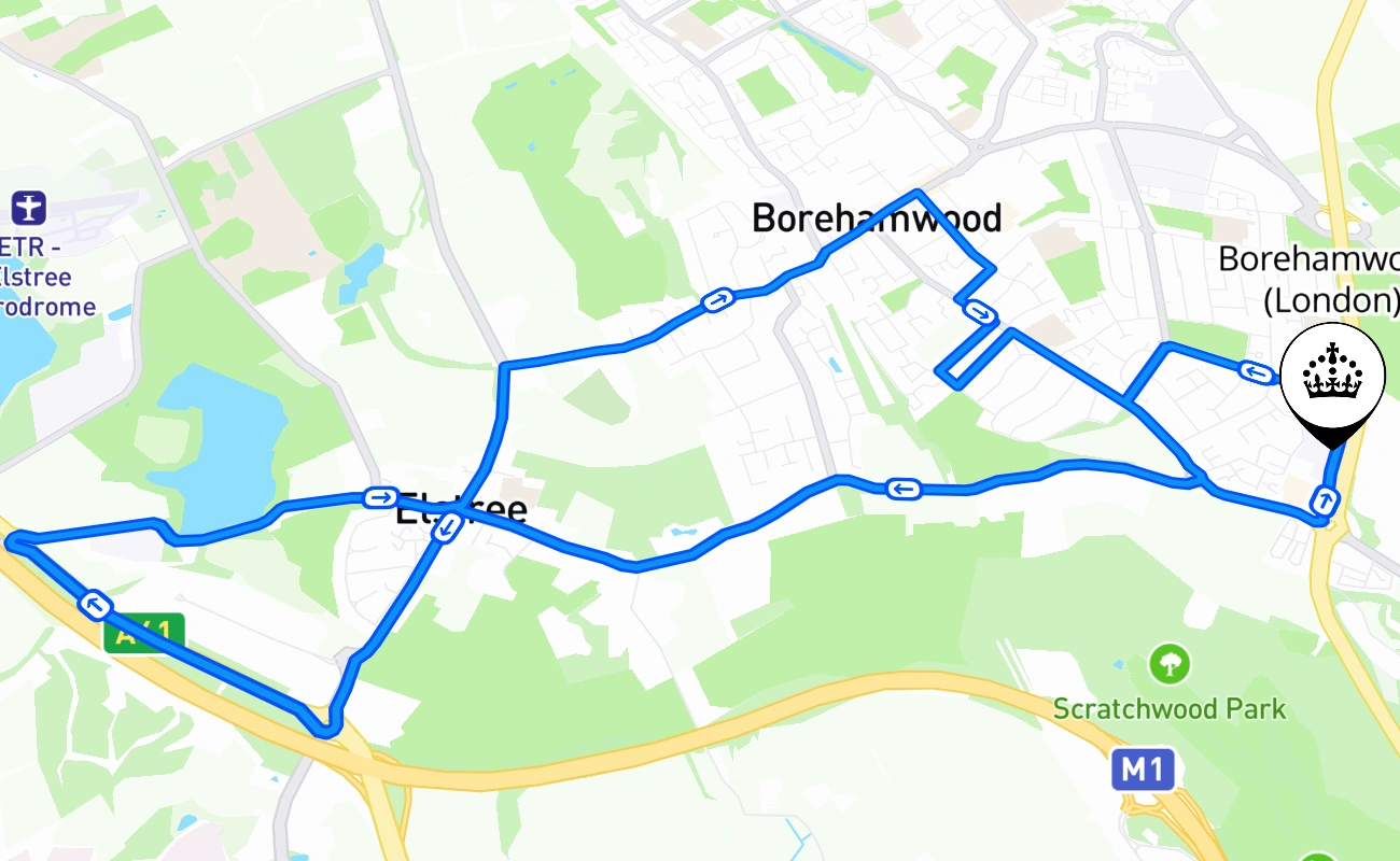 Borehamwood (London) driving test route #949 map - ENG United Kingdom