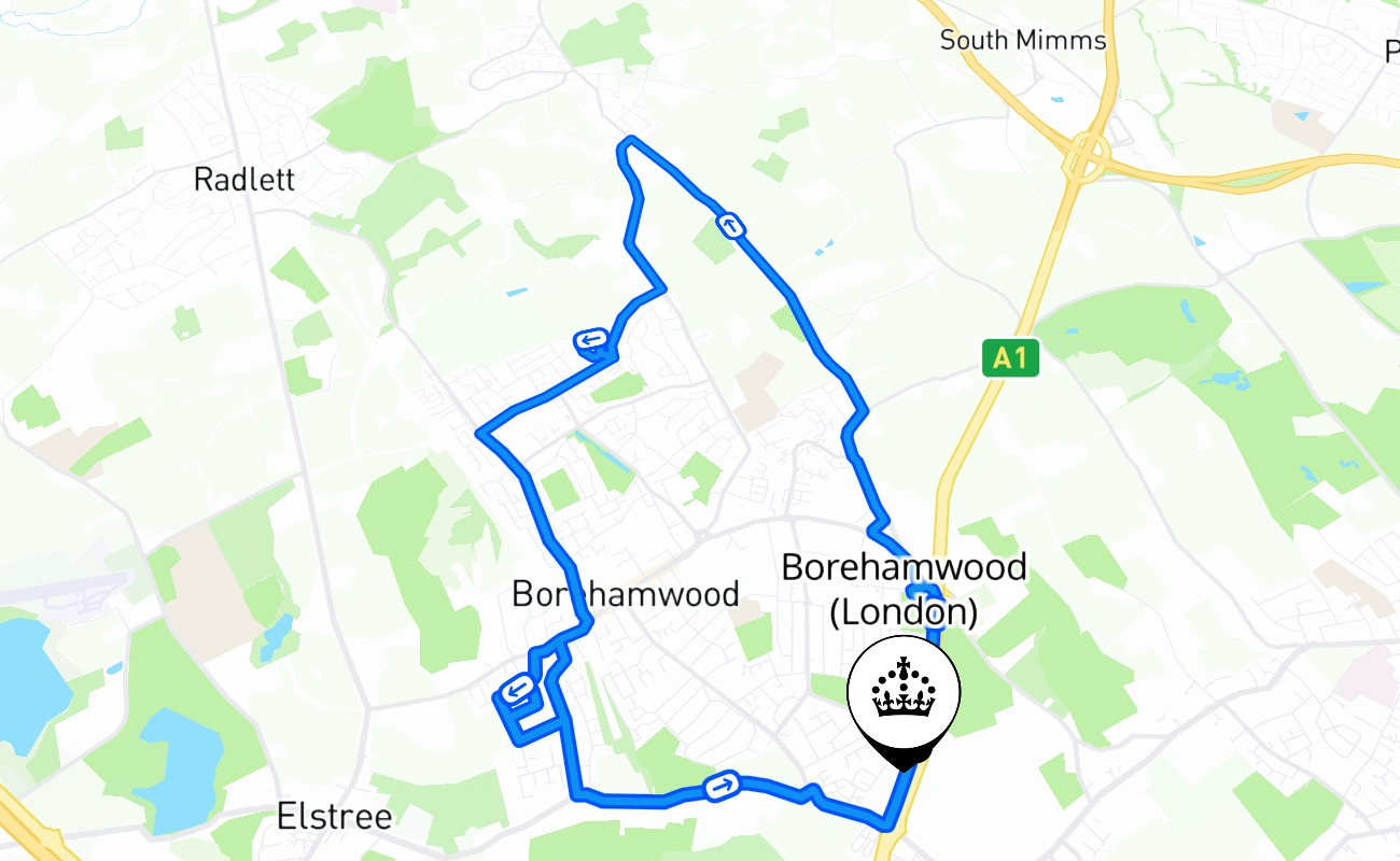 Borehamwood (London) driving test route #950 map - ENG United Kingdom