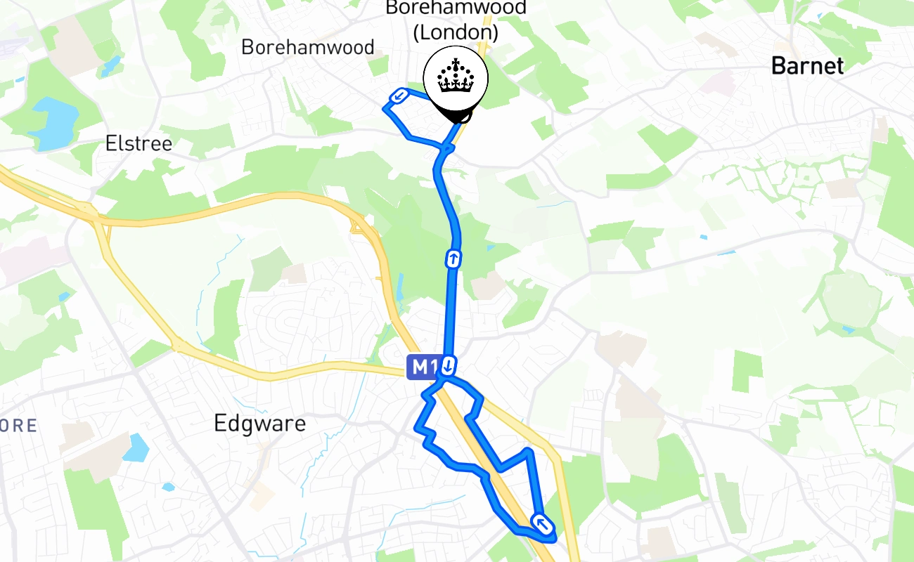 Borehamwood (London) driving test route #951 map - ENG United Kingdom