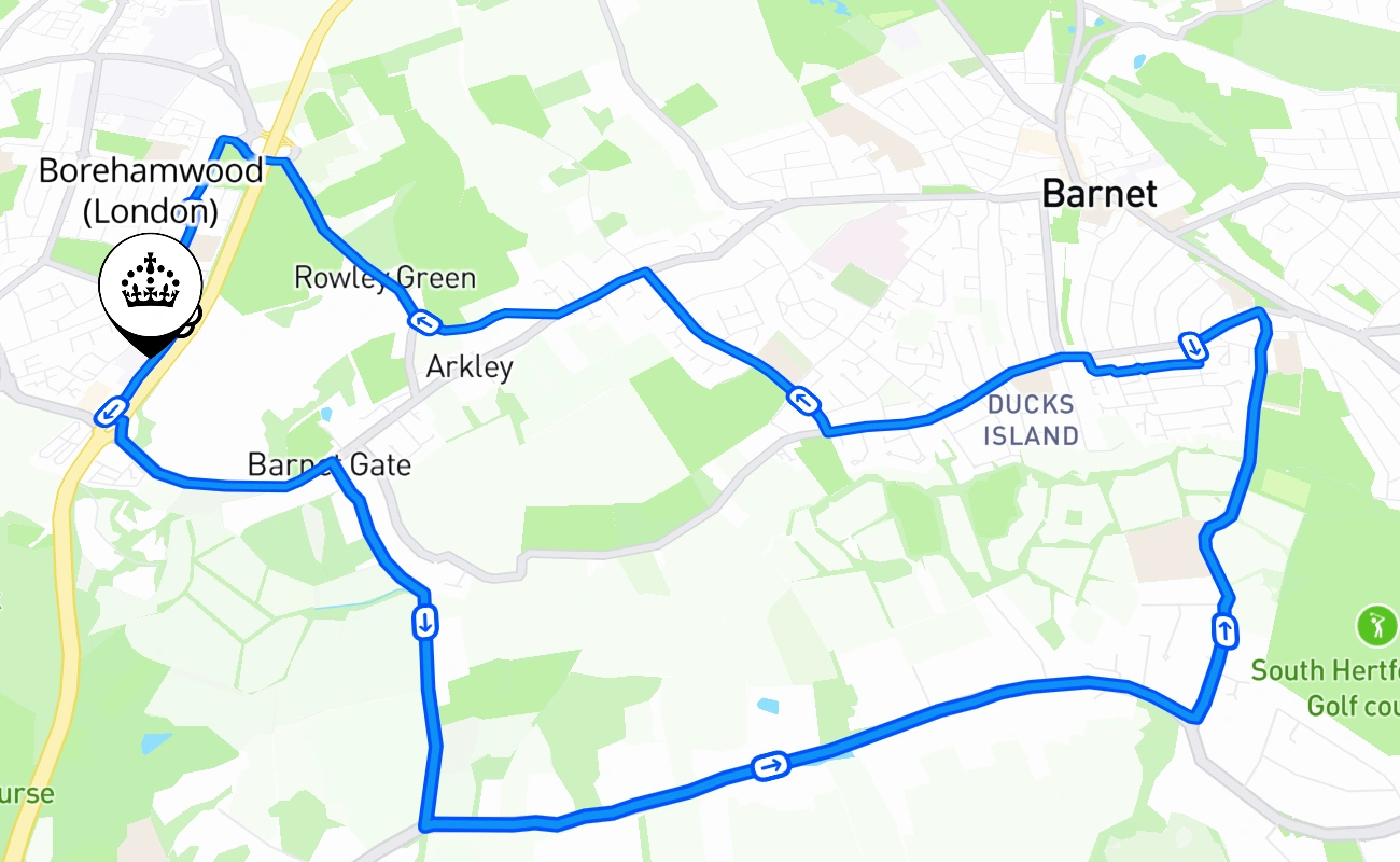 Borehamwood (London) driving test route #1056 map - ENG United Kingdom