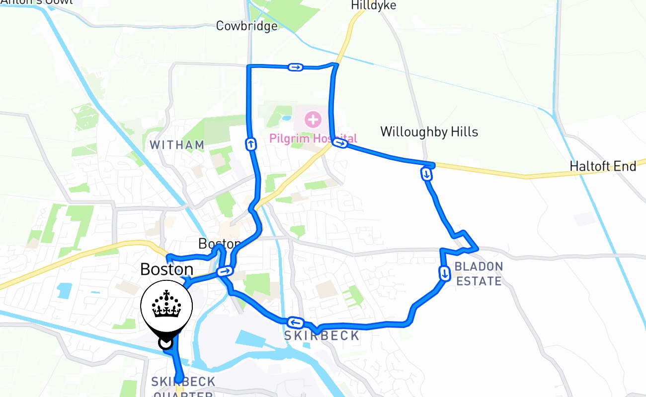 Boston driving test route #2164 map - ENG United Kingdom