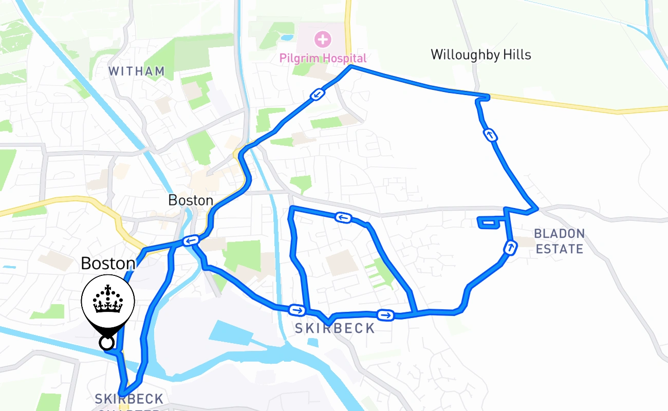 Boston driving test route #2168 map - ENG United Kingdom