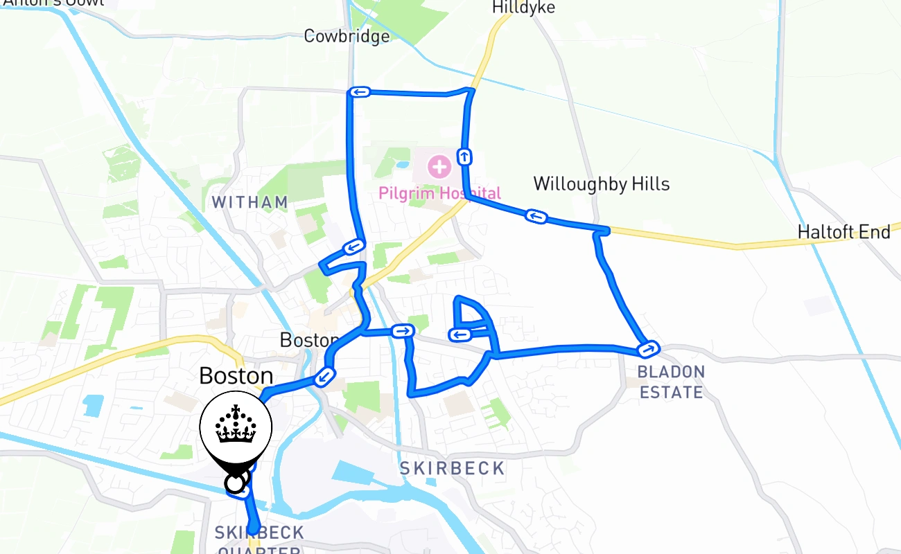 Boston driving test route #2169 map - ENG United Kingdom