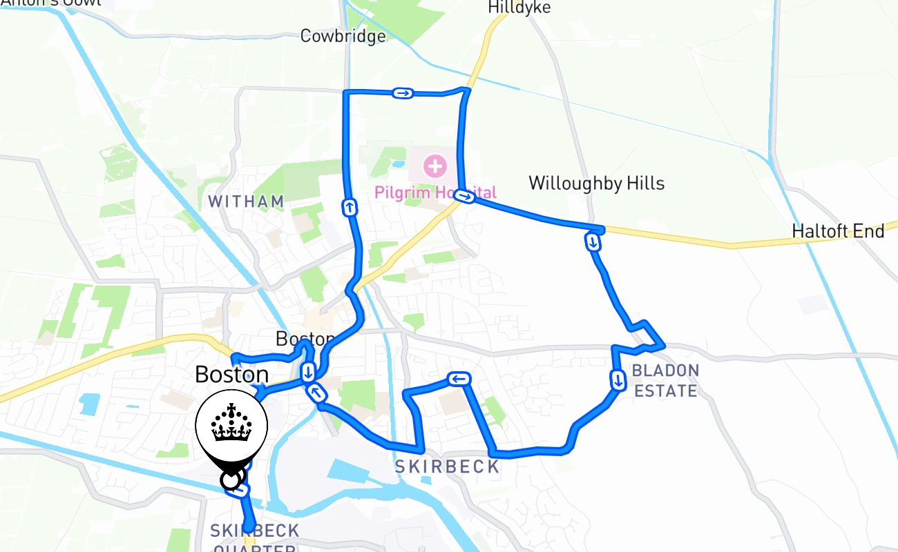 Boston driving test route #2170 map - ENG United Kingdom